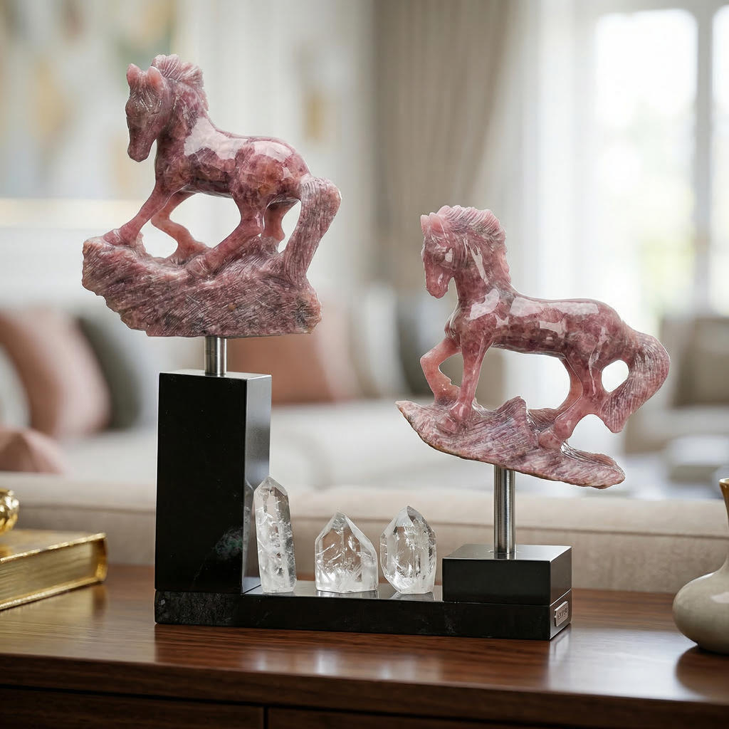 Escultura Cavalos em Rodocrosita com Cristais